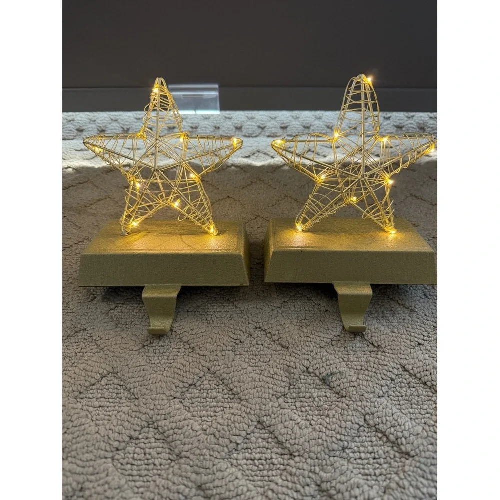 Gold LED Lighted‎ Wired Star Christmas Stocking Holder-set of 2